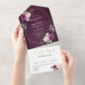 Paarse plum Blush roses Roses Geometric Wedding Al All In One Uitnodiging (Afscheurbaar)