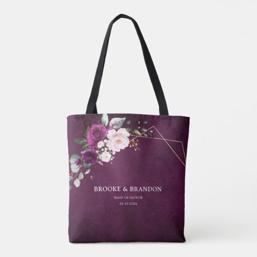 Paarse Plum Blush Roze Bloemen Bruidsmeisje cadeau Tote Bag (Achterkant)