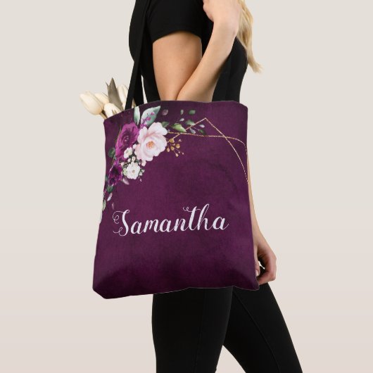 Paarse Plum Blush Roze Bloemen Bruidsmeisje cadeau Tote Bag (Dichtbij)