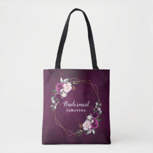 Paarse Plum Blush Roze Bloemen Bruidsmeisje cadeau Tote Bag