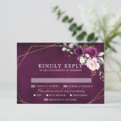 Paarse Plum Blush Roze Rozen Geometrische bruiloft RSVP Kaartje (Staand voorkant)