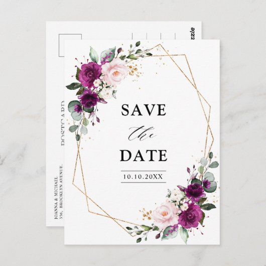 Paarse Plum Blush Rozen Geometric sparen de Datum Briefkaart (Voorkant / Achterkant)