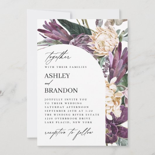 Paarse Plum Boho Tropical Floral Wedding Kaart (Voorkant)