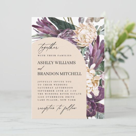 Paarse Plum Boho Tropical Floral Wedding Kaart (Staand voorkant)