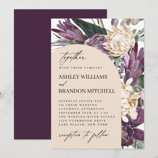 Paarse Plum Boho Tropical Floral Wedding Kaart (Voorkant / Achterkant)