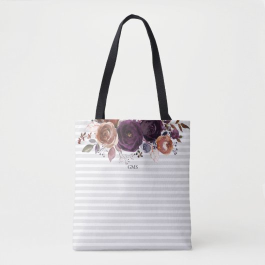 Paarse Plum en Bourgogne Bloemmonogram Tote Bag (Voorkant)