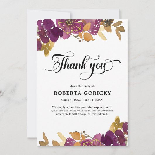 Paarse Plum Floral begrafenis Bedankkaart (Voorkant)