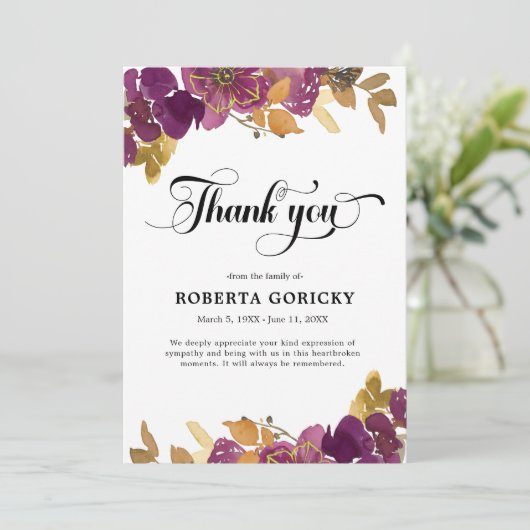 Paarse Plum Floral begrafenis Bedankkaart (Staand voorkant)
