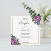 Paarse Plum Floral Greenery Wedding Gold Square Kaart (Staand voorkant)