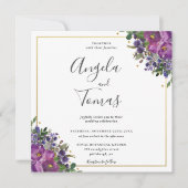 Paarse Plum Floral Greenery Wedding Gold Square Kaart (Voorkant)