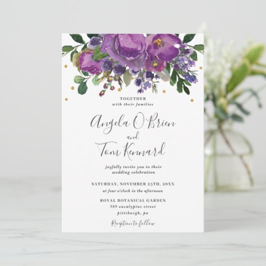 Paarse Plum Floral Greenery Wedding Kaart (Staand voorkant)