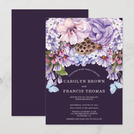 Paarse Plum Floral Waterverf Wedding Kaart (Voorkant / Achterkant)