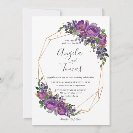Paarse Plum Floral Wedding Geometric Gold Lijst Kaart (Voorkant)
