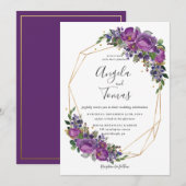 Paarse Plum Floral Wedding Geometric Gold Lijst Kaart (Voorkant / Achterkant)