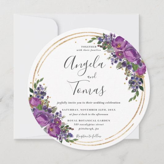 Paarse Plum Floral Wedding Gold Glitter Circle Kaart (Voorkant)