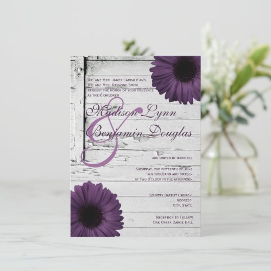Paarse Plum Gerber Daisy Wedding Invitation Ver2 Kaart (Staand voorkant)