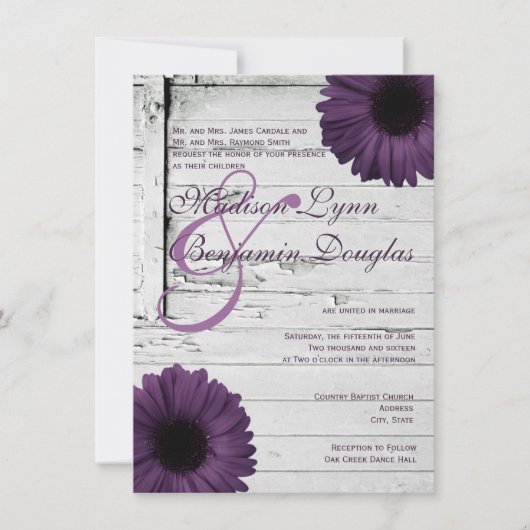 Paarse Plum Gerber Daisy Wedding Invitation Ver2 Kaart (Voorkant)