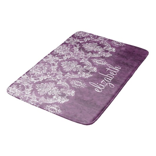 Paarse Plum Grunge Damask Patroon met naam Badmat (Gekanteld)