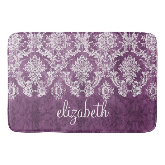Paarse Plum Grunge Damask Patroon met naam Badmat (Voorkant)