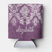 Paarse Plum Grunge Damask Patroon met naam Blikjeskoeler (Voorkant)
