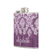Paarse Plum Grunge Damask Patroon met naam Heupfles (Links)