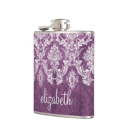 Paarse Plum Grunge Damask Patroon met naam Heupfles (Links)
