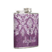 Paarse Plum Grunge Damask Patroon met naam Heupfles (Rechts)