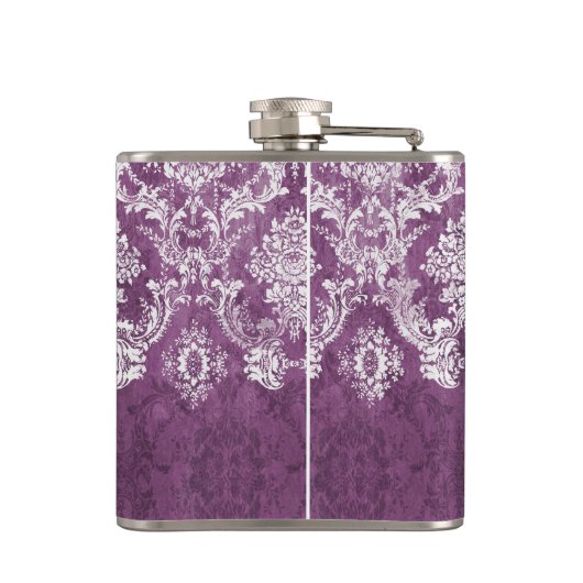 Paarse Plum Grunge Damask Patroon met naam Heupfles (Achterkant)