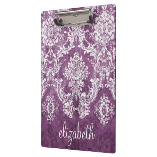 Paarse Plum Grunge Damask Patroon met naam Klembord
