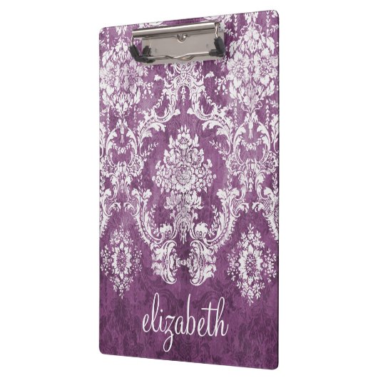 Paarse Plum Grunge Damask Patroon met naam Klembord (Links)