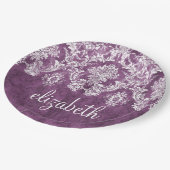 Paarse Plum Grunge Damask Patroon met naam Papieren Bordje (Gekanteld)