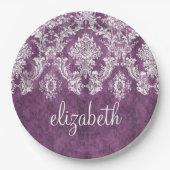 Paarse Plum Grunge Damask Patroon met naam Papieren Bordje (Voorkant)