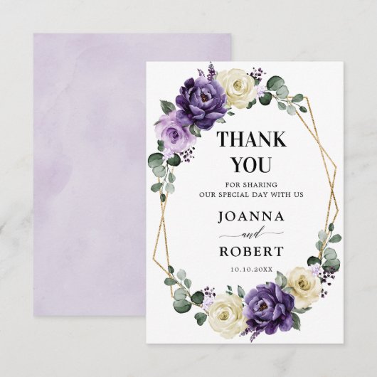Paarse Plum Ivory Gold Floral Geometric Wedding Bedankkaart (Voorkant / Achterkant)