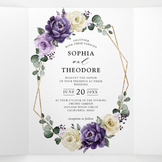 Paarse Plum Ivory Gold Floral Geometric Wedding Drieluik Aankondiging (Binnenkant midden)