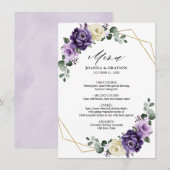 Paarse Plum Ivory Gold Floral Geometric Wedding Menu (Voorkant / Achterkant)