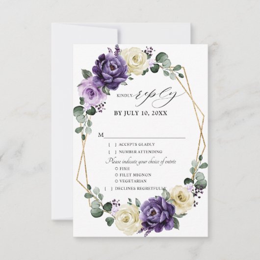 Paarse Plum Ivory Gold Floral Geometric Wedding RSVP Kaartje (Voorkant)