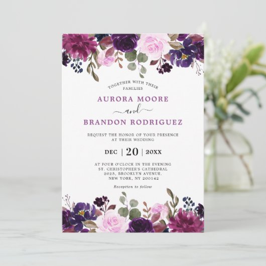 Paarse Plum Lavender Eggplant Floral Chic Wedding Kaart (Staand voorkant)