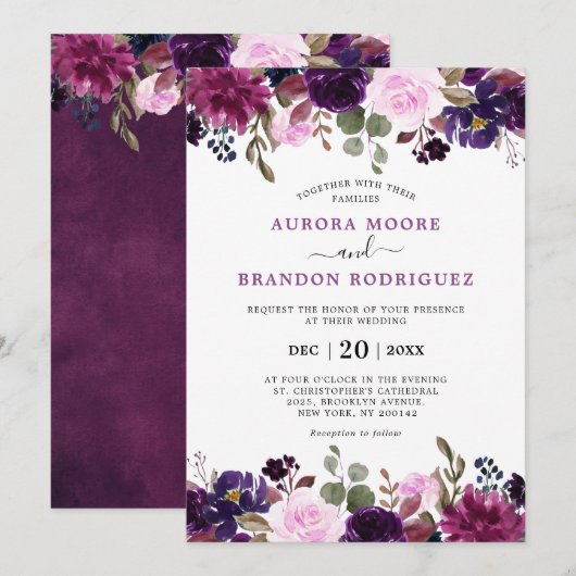 Paarse Plum Lavender Eggplant Floral Chic Wedding Kaart (Voorkant / Achterkant)