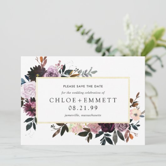 Paarse Plum Mauve Pink Floral Save the Date Card (Staand voorkant)