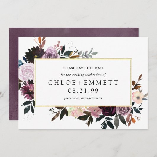Paarse Plum Mauve Pink Floral Save the Date Card (Voorkant / Achterkant)