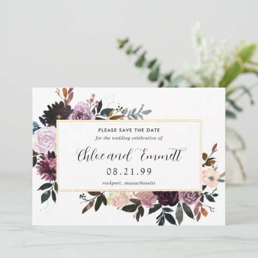 Paarse Plum Mauve Pink Floral Save the Date Card (Staand voorkant)