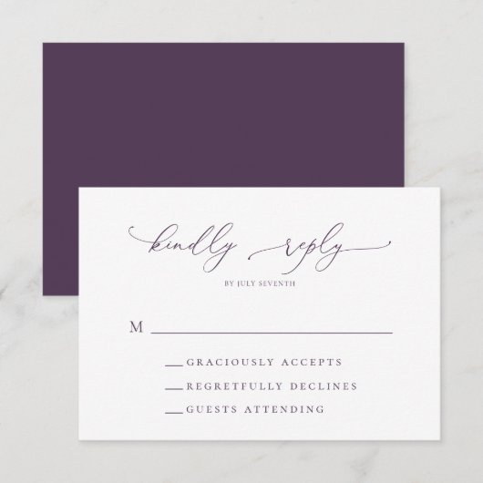 Paarse Plum Minimalist Modern Wedding RSVP Kaart (Voorkant / Achterkant)
