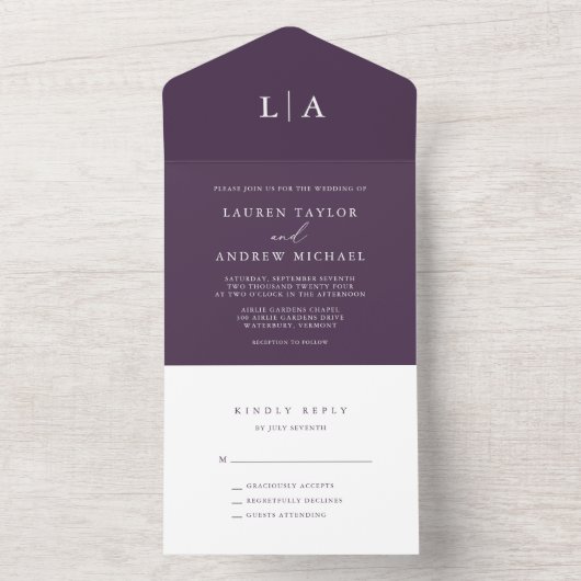Paarse Plum Minimalist Wedding All In One Uitnodiging (Binnen)