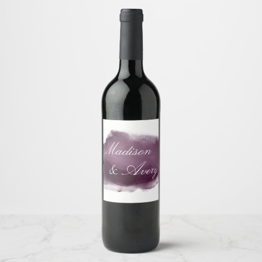 Paarse Plum Modern Waterverf Romantic Wedding Wijn Etiket (Voorkant)