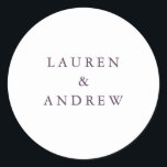 Paarse Plum Modern Wedding Envelope Seals Ronde Sticker<br><div class="desc">Deze trouwenvelopverzegeling/sticker heeft een minimalistische paars-plum achtergrond met witte tekst. Volledig aanpasbaar met uw namen en achtergrondkleur. Voor meer gedetailleerde aanpassing,  klik de "Klik om verder"verbinding aan te passen. Overeenkomende trouwsuite items zijn ook beschikbaar in dit collectie.</div>
