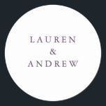 Paarse Plum Modern Wedding Envelope Seals Ronde Sticker<br><div class="desc">Deze trouwenvelopverzegeling/sticker heeft een minimalistische paars-plum achtergrond met witte tekst. Volledig aanpasbaar met uw namen en achtergrondkleur. Voor meer gedetailleerde aanpassing,  klik de "Klik om verder"verbinding aan te passen. Overeenkomende trouwsuite items zijn ook beschikbaar in dit collectie.</div>