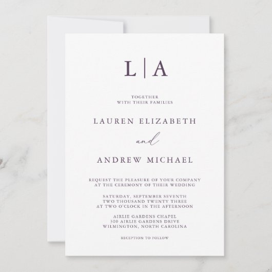 Paarse Plum Monogram Simple Minimalist Weddenschap Kaart (Voorkant)