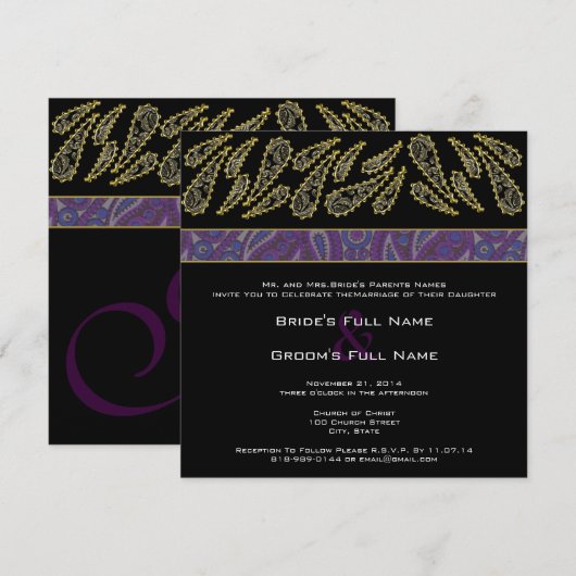 Paarse Plum Paisley en Gold Wedding Invitation Kaart (Voorkant / Achterkant)