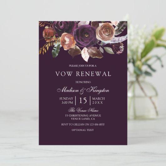 Paarse Plum Peach Flower Vow Renewal Invite Kaart (Staand voorkant)