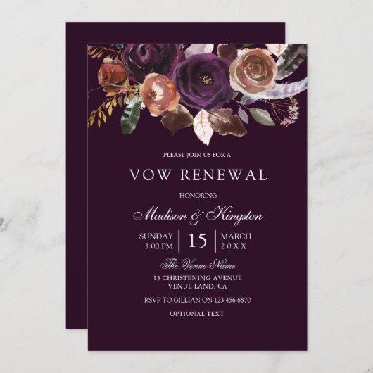 Paarse Plum Peach Flower Vow Renewal Invite Kaart (Voorkant / Achterkant)